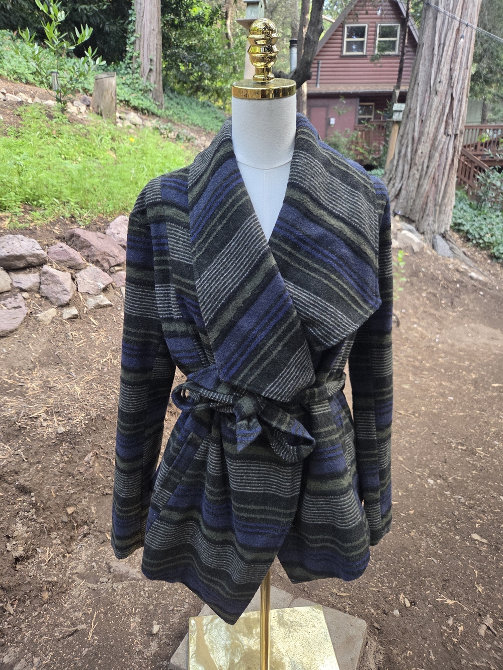 Jack by BB Dakota Striped Shawl Collar Trench Coat in Navy, Gray & Olive